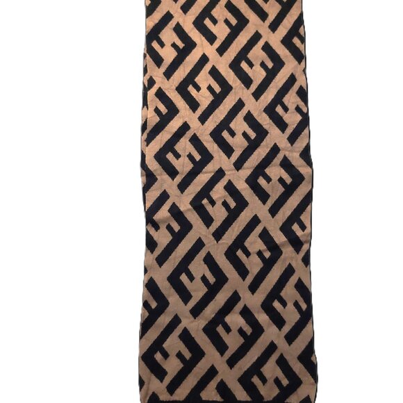 Vintage FENDI Black & Brown Monogram Print Cashmere Scarf with Stripe Trim - Picture 3 of 9
